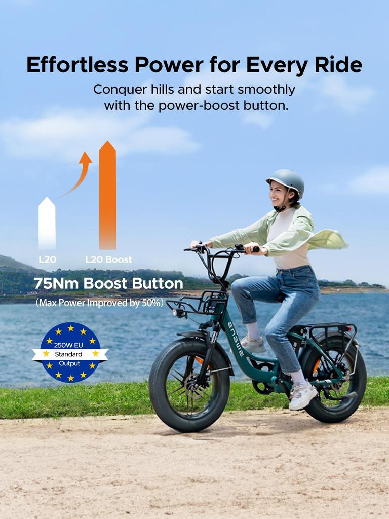 ENGWE L20 Boost Electric Bike – 250W Motor, 48V13Ah Battery, 126km Range, 20x4.0 Fat Tires, 7-Speed, LCD Display