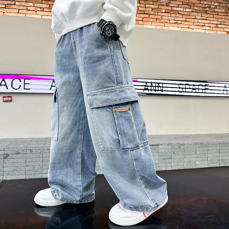 School Boys Casual Cargo Jeans with Pocket Preppy Loose Style Teenage Child Denim Pants High Fashion Kids Jeans Trousers
