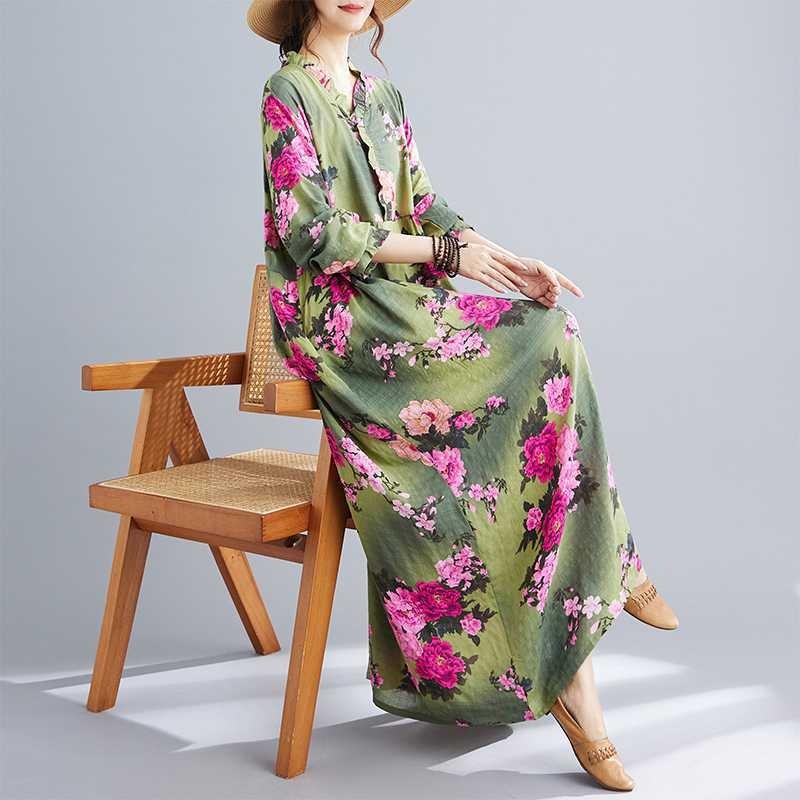 Bohemian Printed Loose Long Sleeve Hem Long Dresses