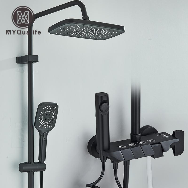 Black Piano Style Shower Set Intelligent Brass Bathroom Faucets Hot Cold Waterfall Tap Rainfall Shower System
