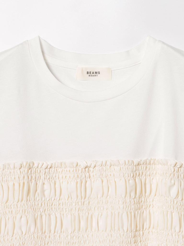 Beams Heart Mixed Material Shirred French Off One Size S/S Tee, Pullover, Women's, White,