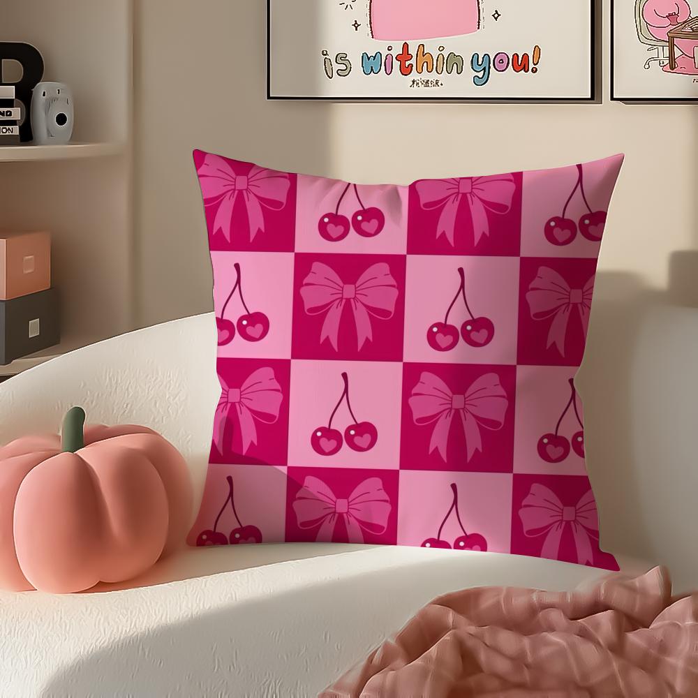 Sweet Girly Floral Art Pink Bow Cherry Pattern Cushion Cover Pillowcase Short Plush Invisible zipper Room Sofa Cushion Cover