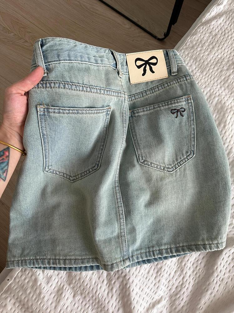 Women's Retro Bow Embroidered Denim Mini Skirt - Summer A-Line Hip-Hugging Style