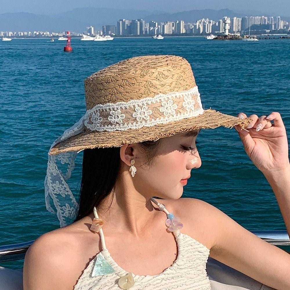 Lace Flower Straw Hat Solid Fringe Extended Brim Beach Straw Hat Breathable Material Elegant Style Sun Protection Hat