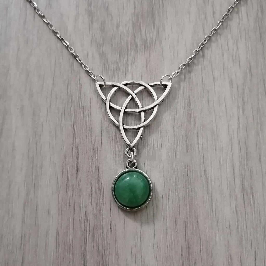 Gothic Sliver Color Hollow Out Celtic Knot Natural Stone Pendant Necklace for Women Men Halloween Party Pagan Witchcraft Jewelry
