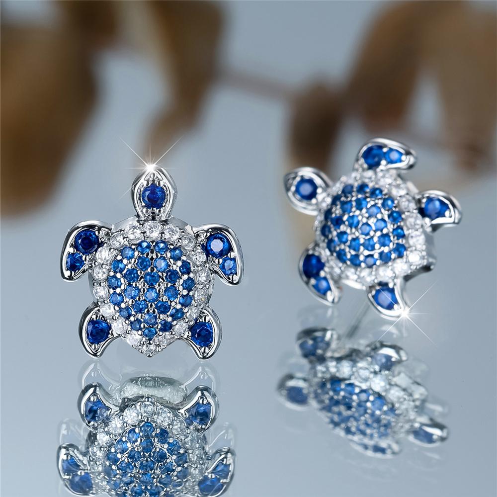 Urocze Damskie Zielone Czerwone Niebieskie Cyrkoniowe Małe Okrągłe Kolczyki-Sztyfty Żółw Vintage Srebrny Kolor Ślubne Dla Kobiet