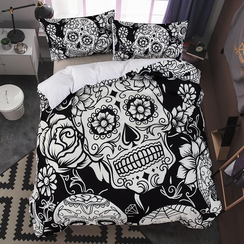 3D skull bed linen set cartoon watercolor rose flower skull quilt cover cushion cover queen size white bed cover set