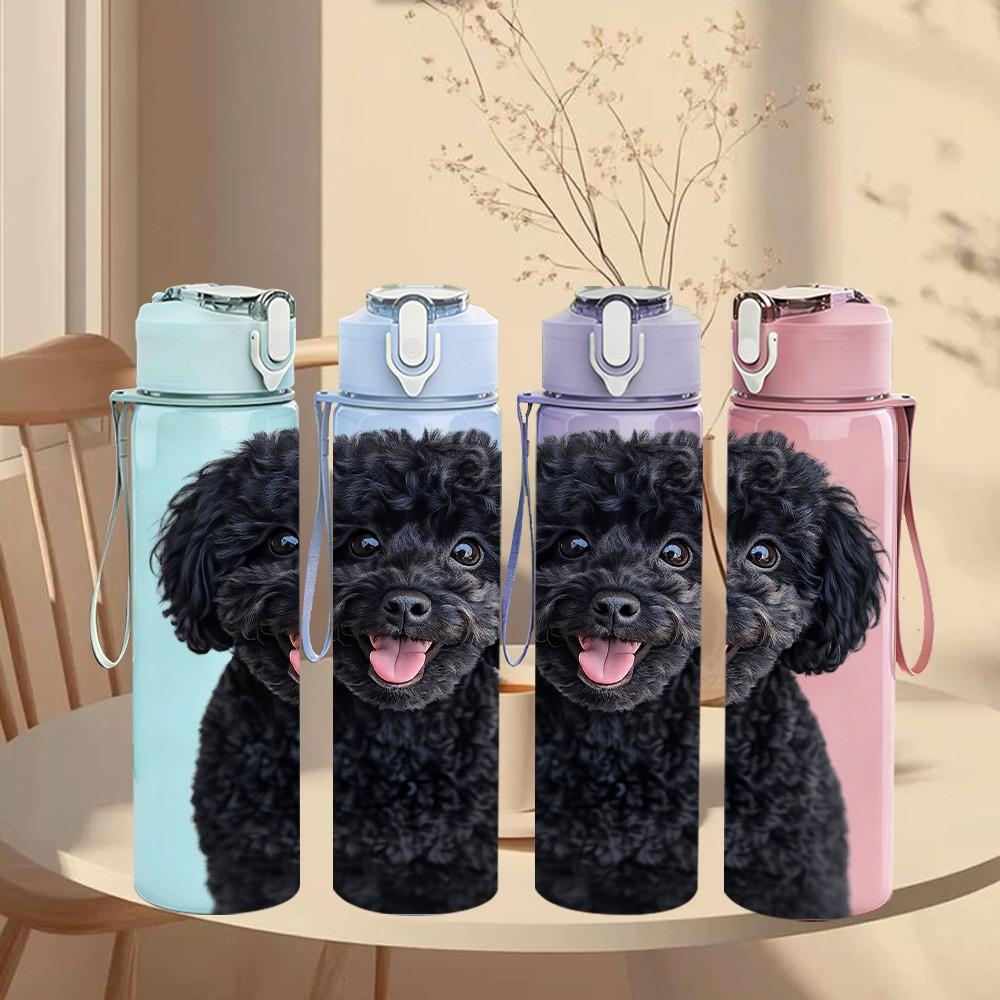 1PC Black Poodle Dog Fluffy Portrait Print 750ml Color Plastic Sports Water Bottle Leakproof Flip Straw Lid Suitable for Sports Office Home Use