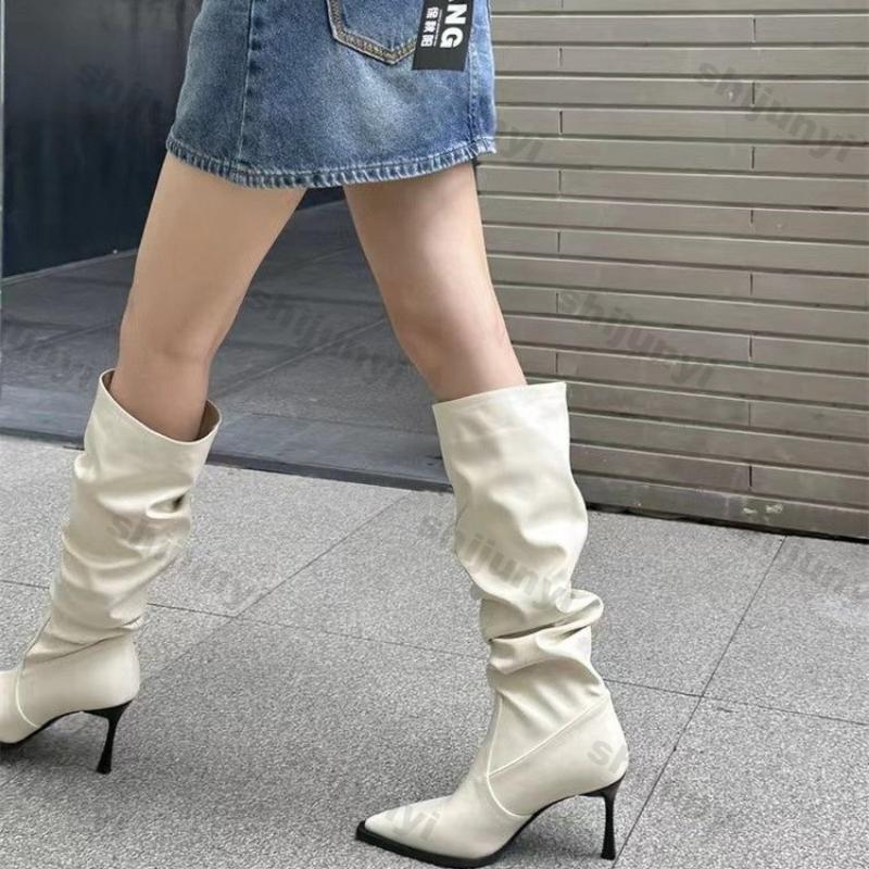 Women Pointy Pleated Boots High Heels Black Female Knee High Boots Women Autumn Fashion Stiletto Ladies Pointy Rubber Footwear