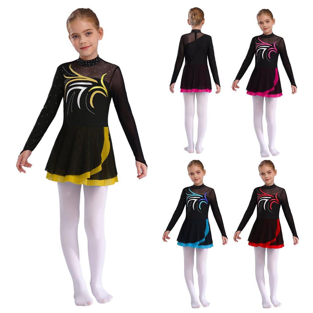 Kids Girls Ice Skating Dress Long Sleeve Mock Neck Sheer Mesh Patchwork Sparkling Rhinestones Dancewear