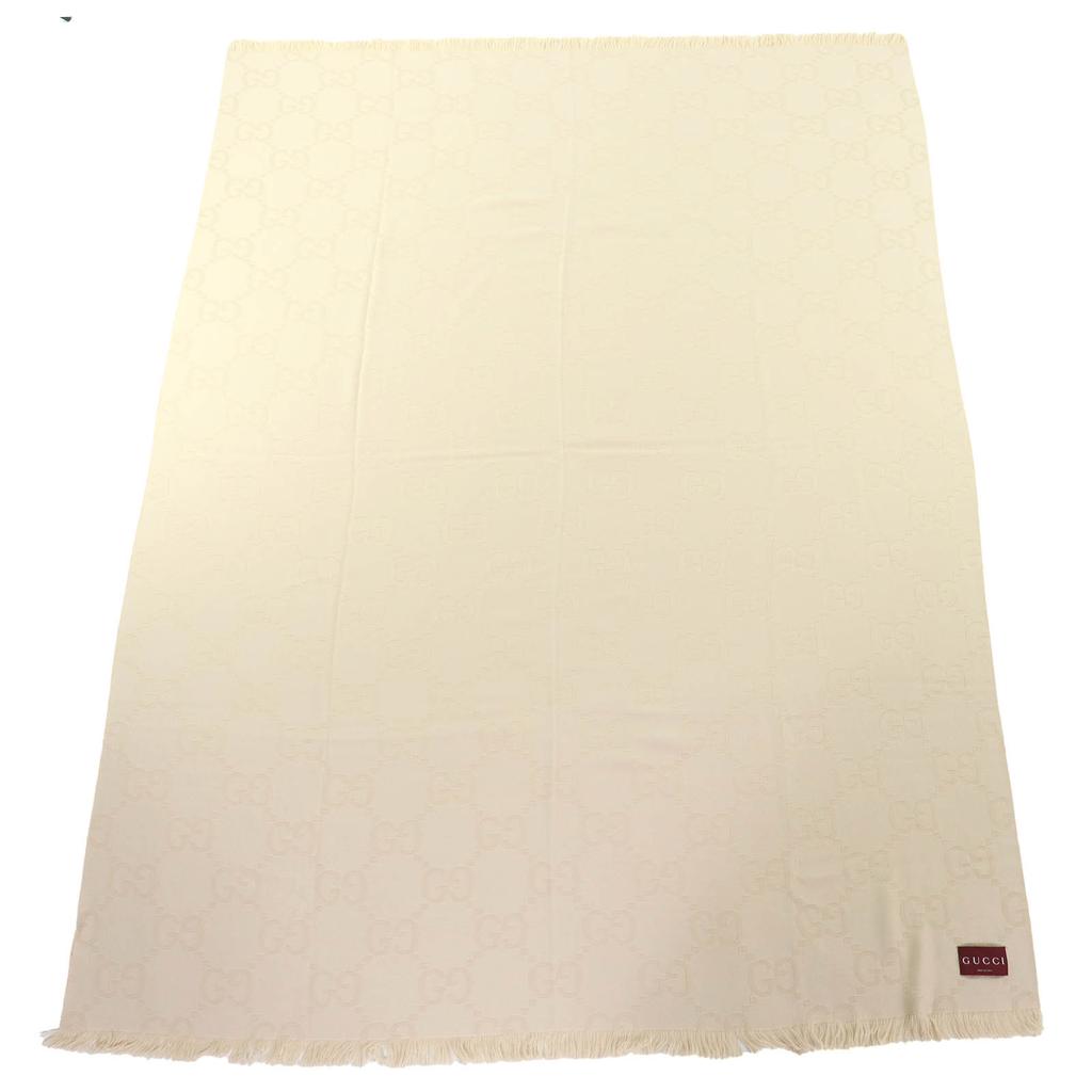 Excellent GUCCI GG Jacquard Fringe Large Shawl Blanket Light Beige Wool 795551 Used