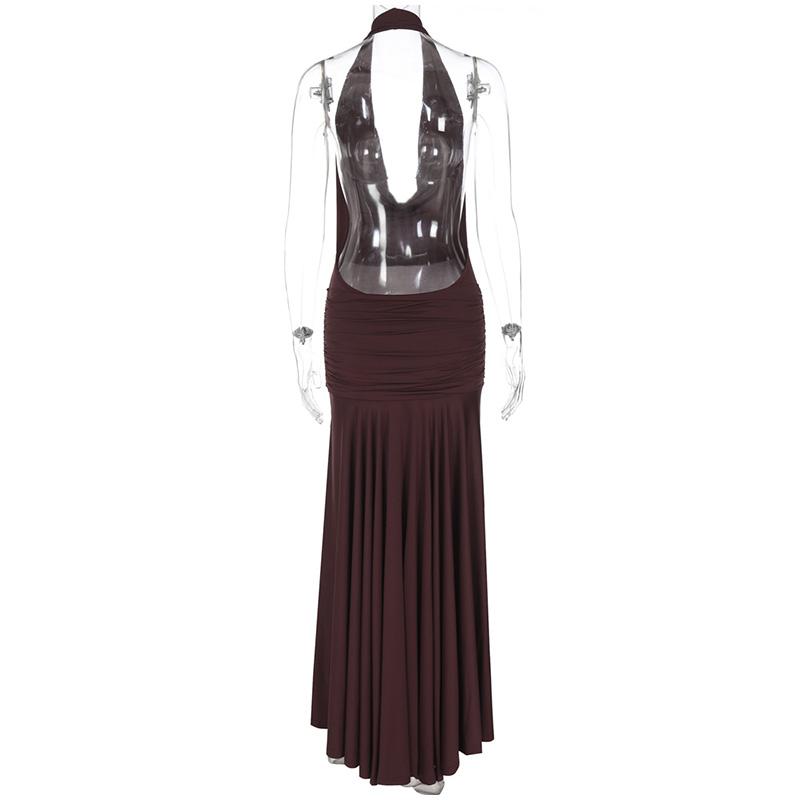 Sexy Halter Brown Long Dress Women Slim Backless Pleat Knot High Slit Draped Dresses Female 2025 Summer Lady Beach Party Dress