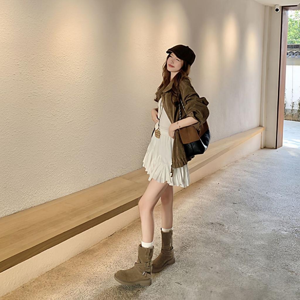 [Suding Home] Soft Aden Boots~ Retro Suede Belt Buckle Thick-soled Martin Pile Short Boots Women's Western Boots