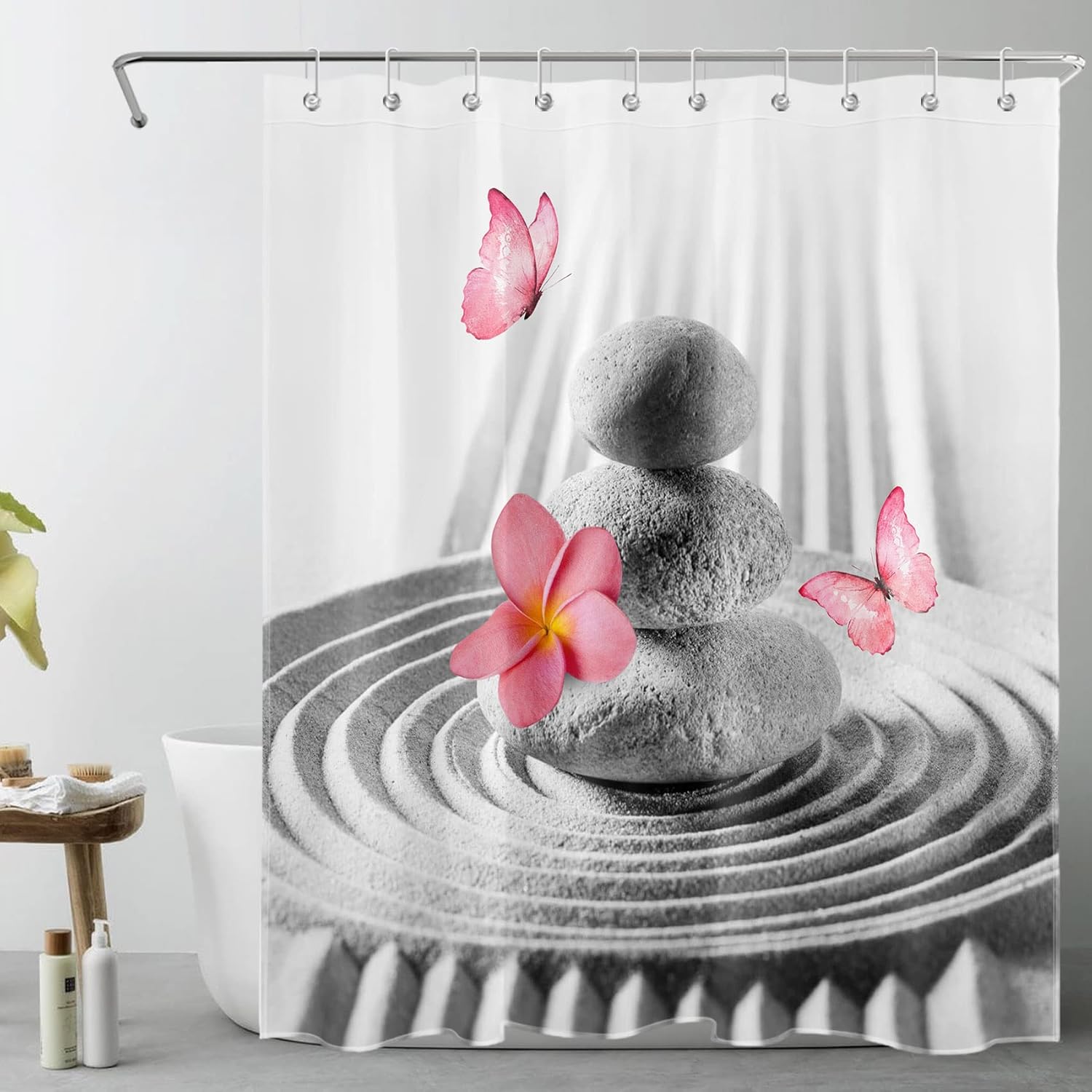 

Zen Shower Curtain Zen Stone Spa Bathroom Curtain Yellow Floral Butterfly Shower Curtains For Bathroom Grey Bathroom Decor With W60H190(CM)-1 Pcs