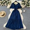 French retro square neck small flying sleeves waist hot diamond chiffon dress women's summer thin temperament drape long skirt