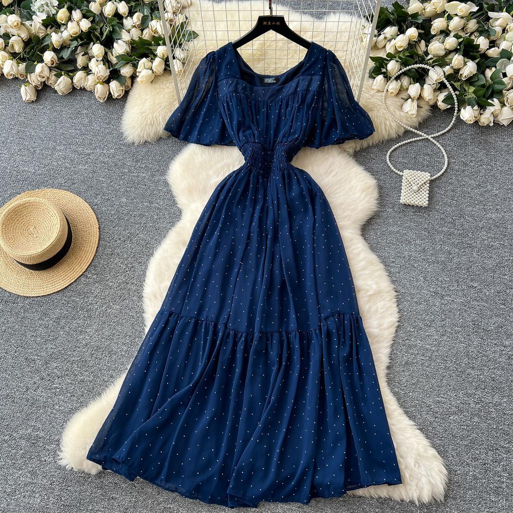 French retro square neck small flying sleeves waist hot diamond chiffon dress women's summer thin temperament drape long skirt