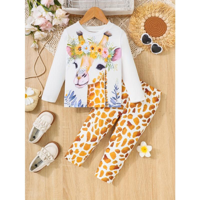 2pcs Girls Cartoon Giraffe Print T-shirt Long Sleeve Hoodie + Long Pants Girls Clothes Suitable for Spring and Autumn, Perfect for Outdoor
