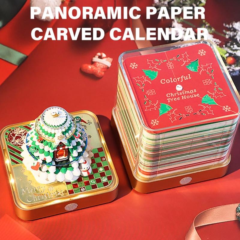 Festives 3D Paper Sculpture Calendar with LED Light 2025 Desk Memo for Everyday Use Notepad Carving Accessories