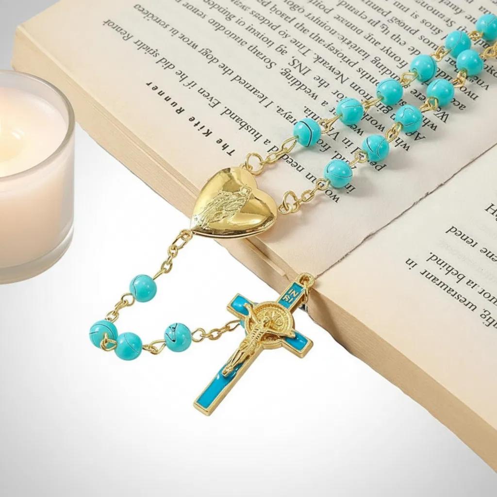 Saint Benedict Rosary Turquoise Glass Beads St. San Benito Cross Nr Medal Catholic Necklace