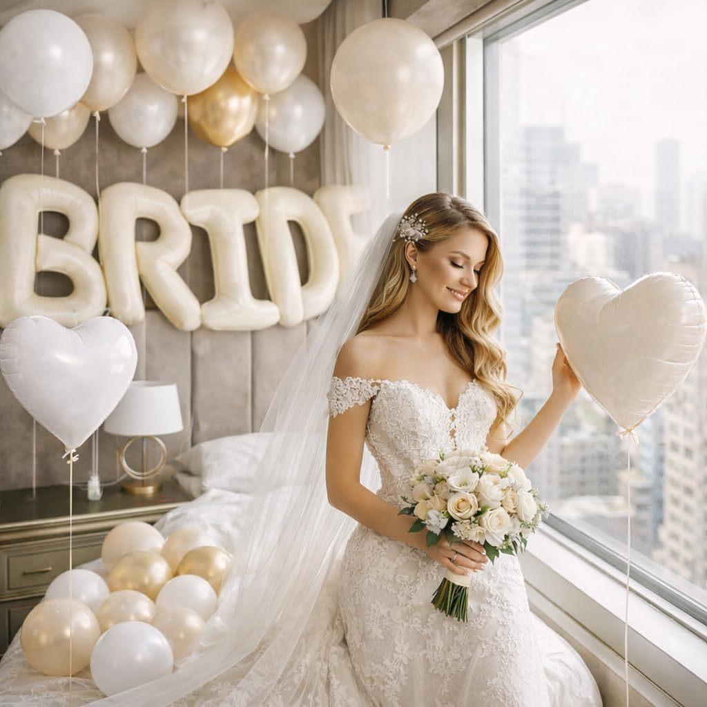 Globo de Letra Blanco BRIDE Corazón y Globos de Látex Dorados Metálicos Set Bachelorette Fiesta Preboda Decoraciones