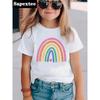 Summer Baby Girl White Clothes Kid Girls Casual Rainbow Printed T-shirts Children Fashion Crew Neck Short Sleeve Top