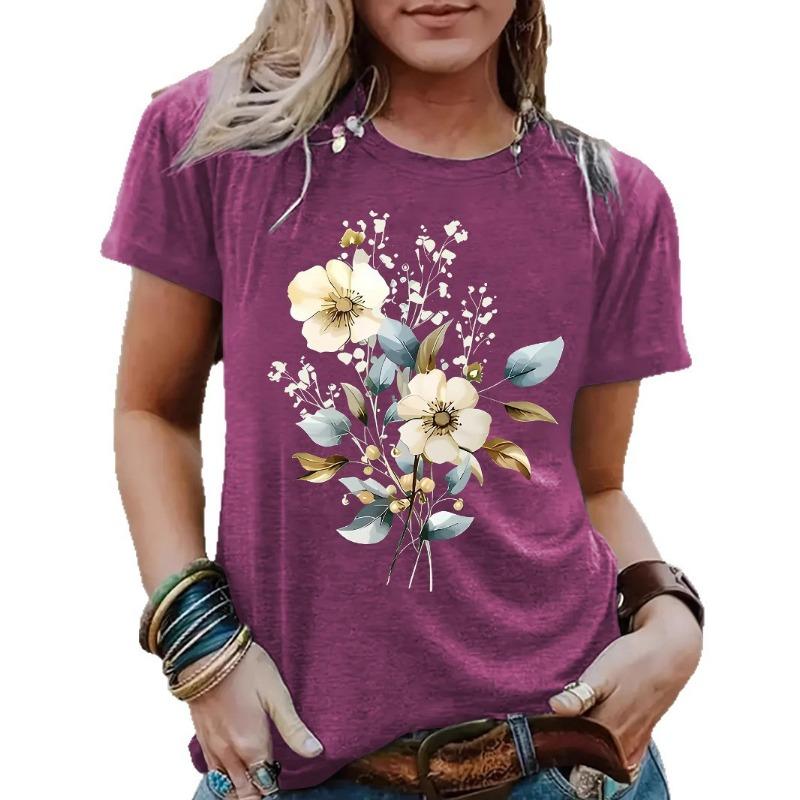 A New Summer Short-sleeved Women's T-shirt with Plant and Floral Prints