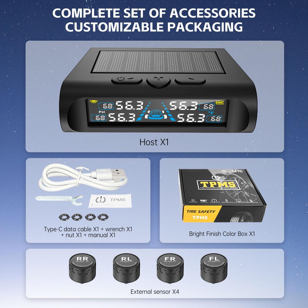 Smart Solar TPMS Tire Pressure Monitoring System with Fast Alarm and Dual Charging