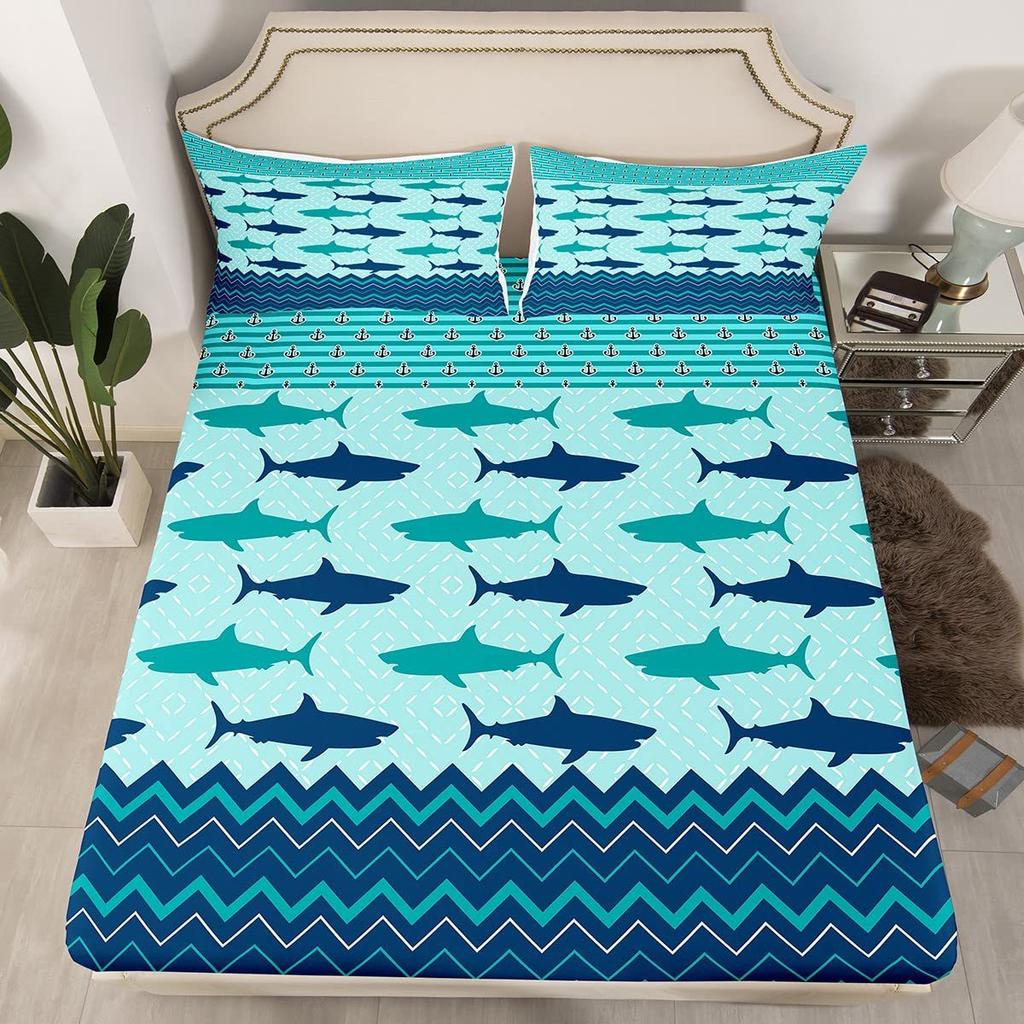 Ocean Animal Shark Pattern Bed Hat Four-Piece Bedding Set Bedroom Dormitory Bedding Decoration