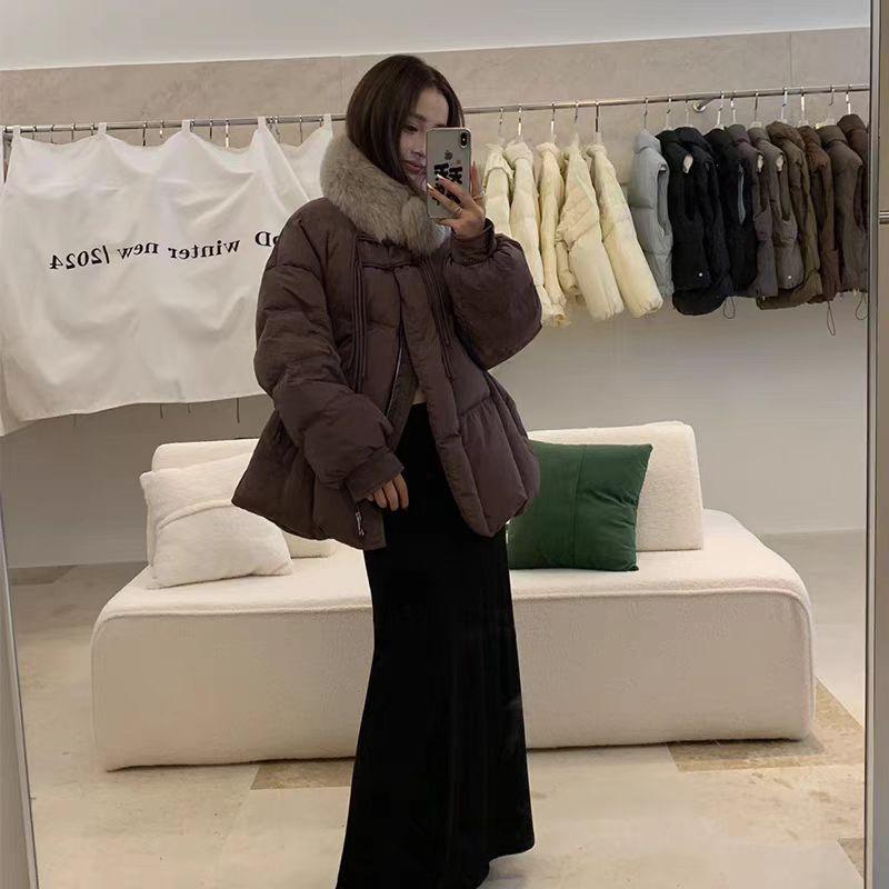 2024 winter new fox fur collar waist down jacket women's medium and long white duck down jacket tide