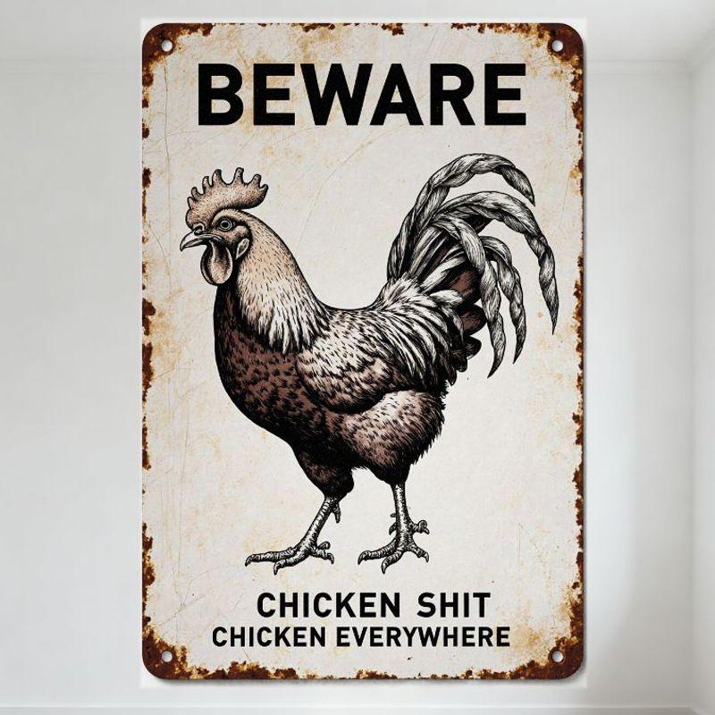 

Vintage Rusty Border Metal Sign with Rooster Illustration BEWARE CHICKEN SHIT CHICKEN EVERYWHERE - Distressed Rust Spots White 20x30cm（7.8x11.8inch）