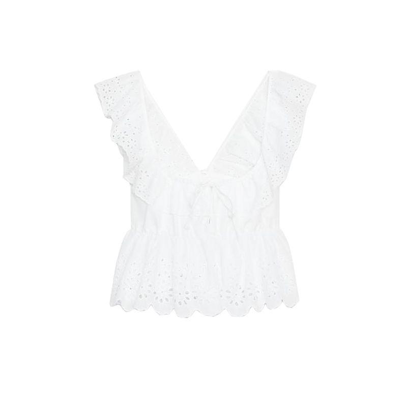 Cut Out Embroider Laminated Decoration Sleeveless Tops 3666099 High Waist A- line Casual Shorts 8073286