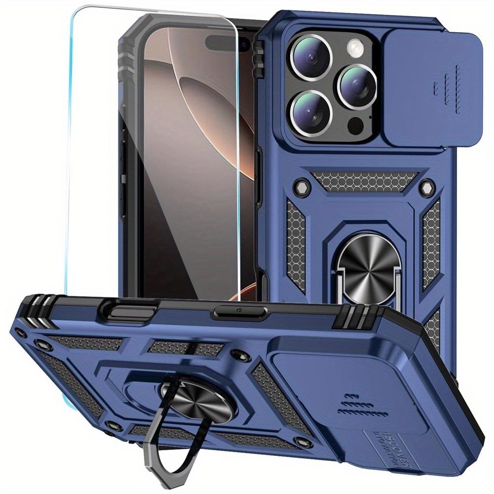 For iPhone 17 16 16e 15 Pro Max 14 Plus 13 12 11 Case Phone Bumper with Clear Tempered Glass Screen Protector Slide Camera Cover Ring Kickstand Holder