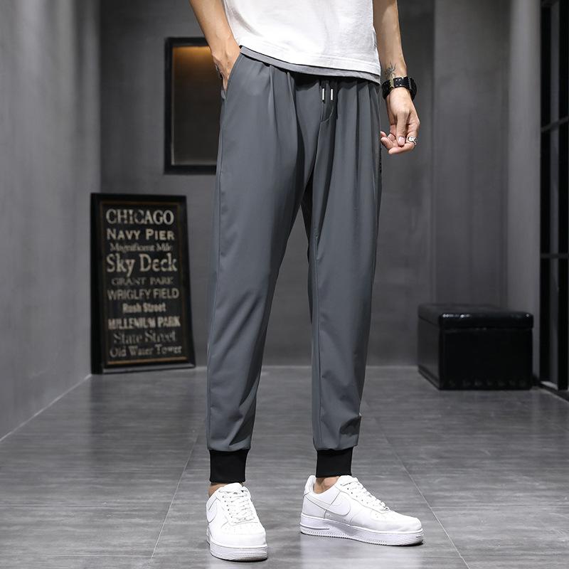 Summer Ultrathin Men's Elastic Lace Up Ankle Harlan Casual Pants Lightweight, Breathable, Ice Silk Quick Dry Crop Pants