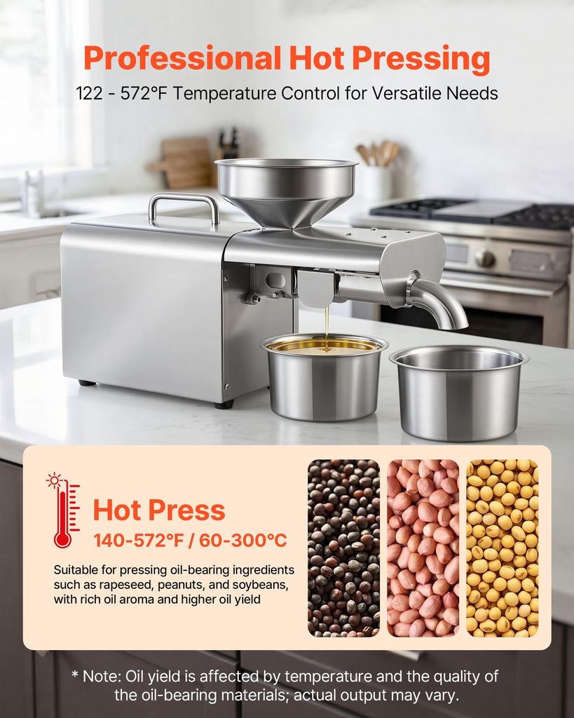 Oil Press Machine, 3.75KG/H Capacity, 750W Oil Extractor Machine, Automatic Electric Oil Maker for Home Commercial Use, 50-300 Hot Pressing for