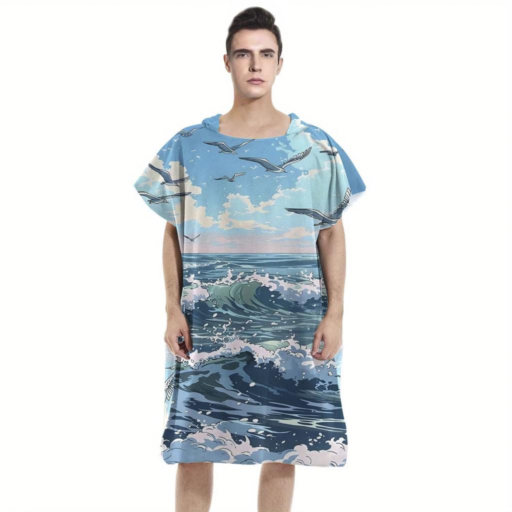 Blue Ocean Wave Flat Print Hooded Beach Towel Seagull Scenic Quick Dry Surf Poncho Changing Robe for Women Adult Travel