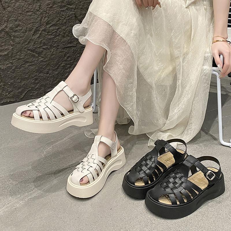 Muffin Thick-soled Bag Head Sandals Women's New Summer with Skirt Woven Shoes Women's Beach Pig Cage Shoes