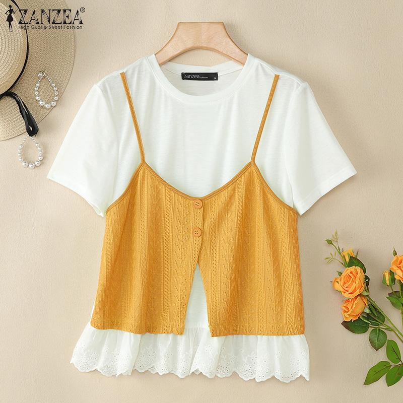ZANZEA Womens Summer Round Neck Patchwork Short Sleeve T-shirts