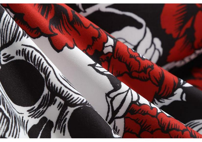 In-Stock 2021 Halloween Skull Print V-Neck Flared Dress with Ribbon