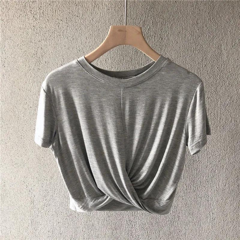 Damen Koreanischer Stil Geknotetes Bauchnabel-Freies Kurzarm Freizeit-T-Shirt