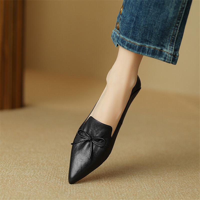 Fashion New Spring Genuine Leather Women Shoes French Retro Pointed Toe Women Pumps Bow Loafers Shoes for Women Low Heel Ladies Shoes