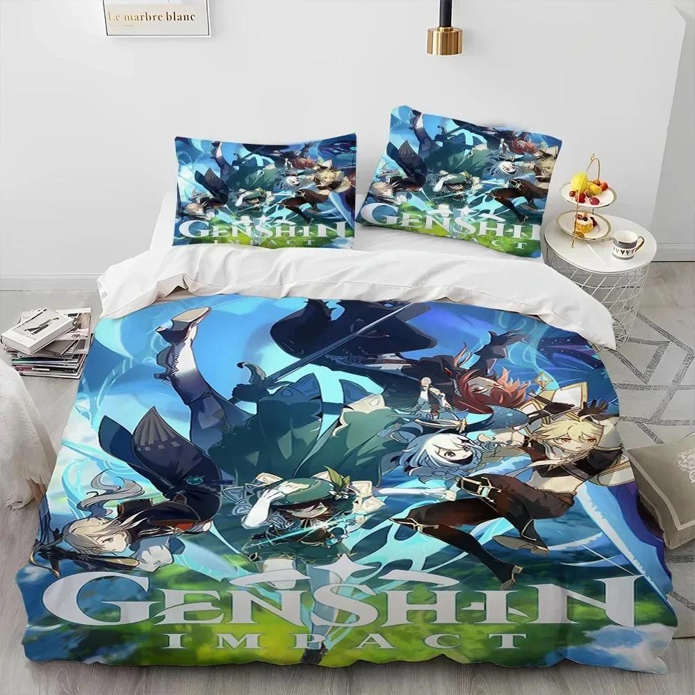 Genshin Impact Game Gamer Cartoon Comforter Bedding Set Printed Duvet Cover Pillowcase Single Double Queen Super King Size Sets