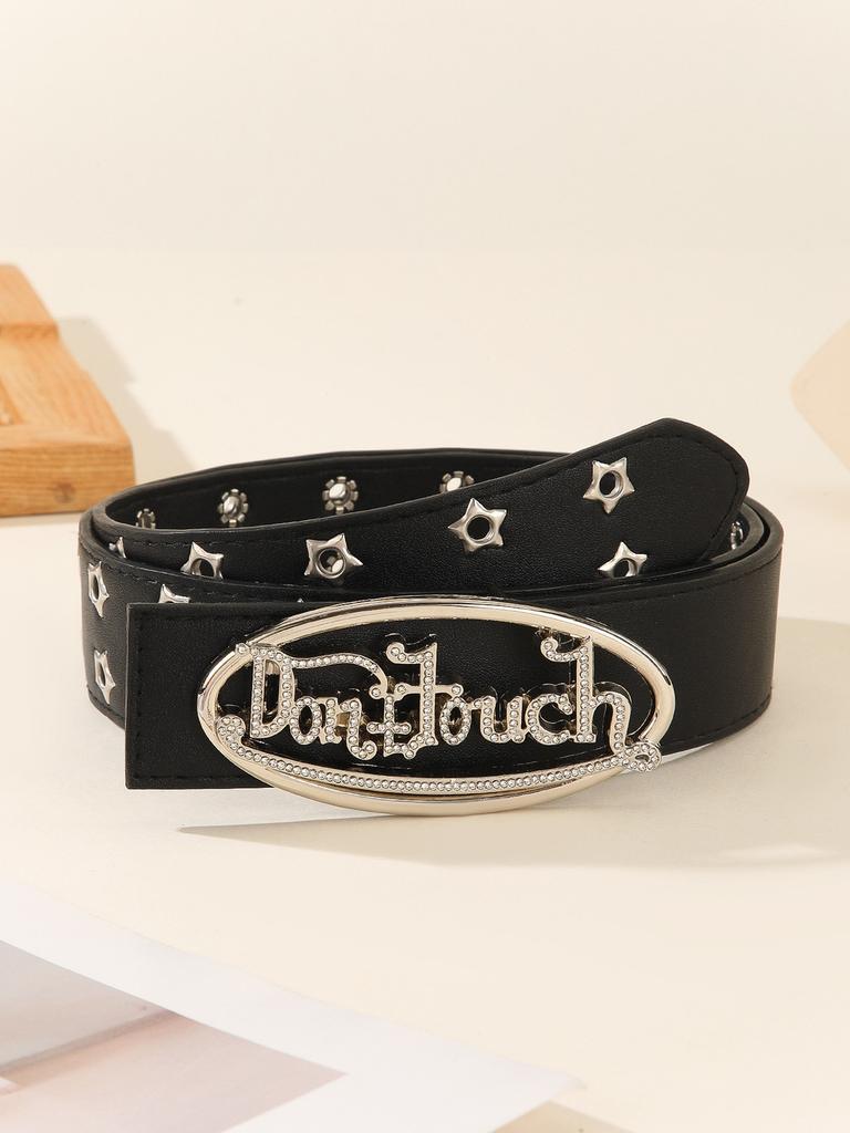 Punk Pu Belt With Letter Design Alloy Buckle And Water Diamond Decor Casual For