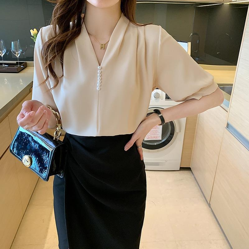 

Женская рубашка из шифона с короткими рукавами, женская летняя новая рубашка с тонкими секциями, простая женская рубашка для поездок на работу 3XL абрикосовый