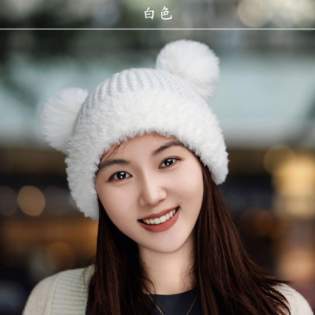 Plush Hat Female Winter Cute Bear Ears Striped Contrasting Color New Sweet Contrasting Color Knitted Wool Hat