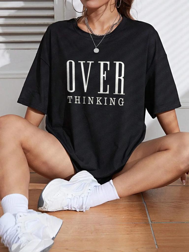 Unisex Přemýšlení Nápis Dámské Krátký Rukáv Prodyšné Vintage O-Výstřih Topy All-math Ležérní Trička Dámské Tričko Oblečení