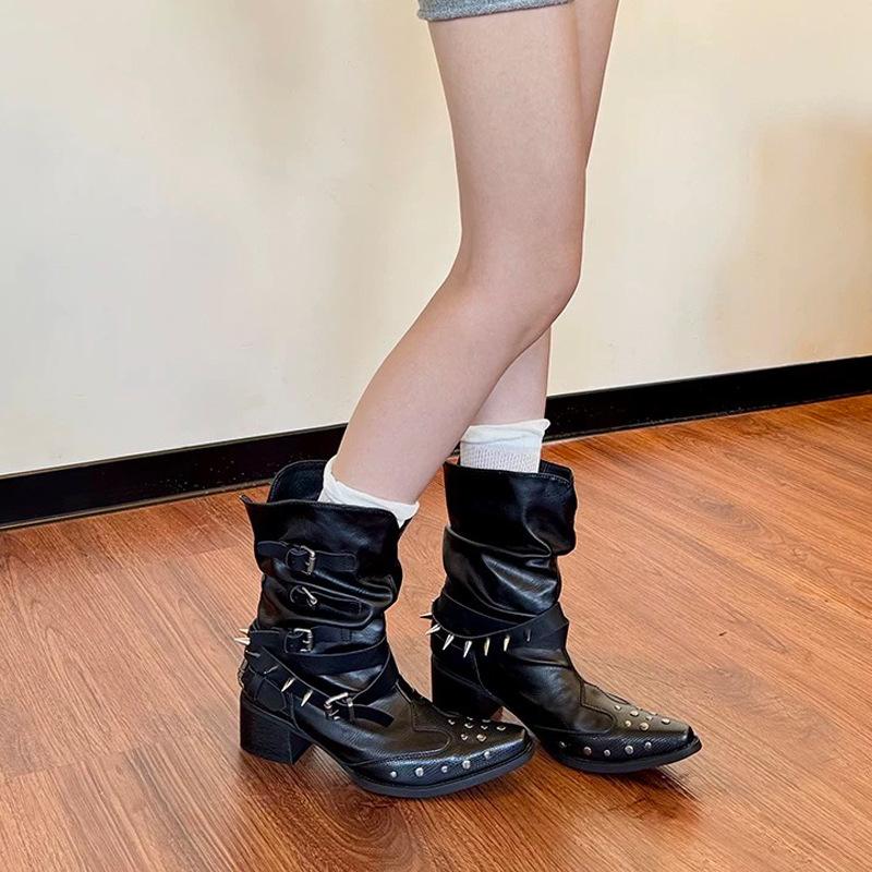 

Cool Sa Martin Boots Rivet Coarse Heel Short Boots Women s New Western Cowboy Boots Pile Summer Boots 42 чёрный