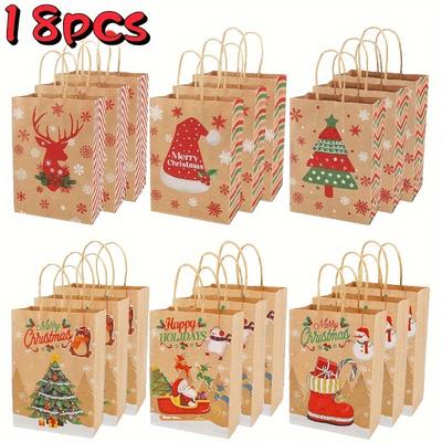 18 Unidades Bolsas de Regalo de Papel Kraft Navideñas con Asas, Diseños Festivos Surtidos Plegables Bolsas para Envolver Regalos Navideños, para Detalles de Fiesta y Golosinas