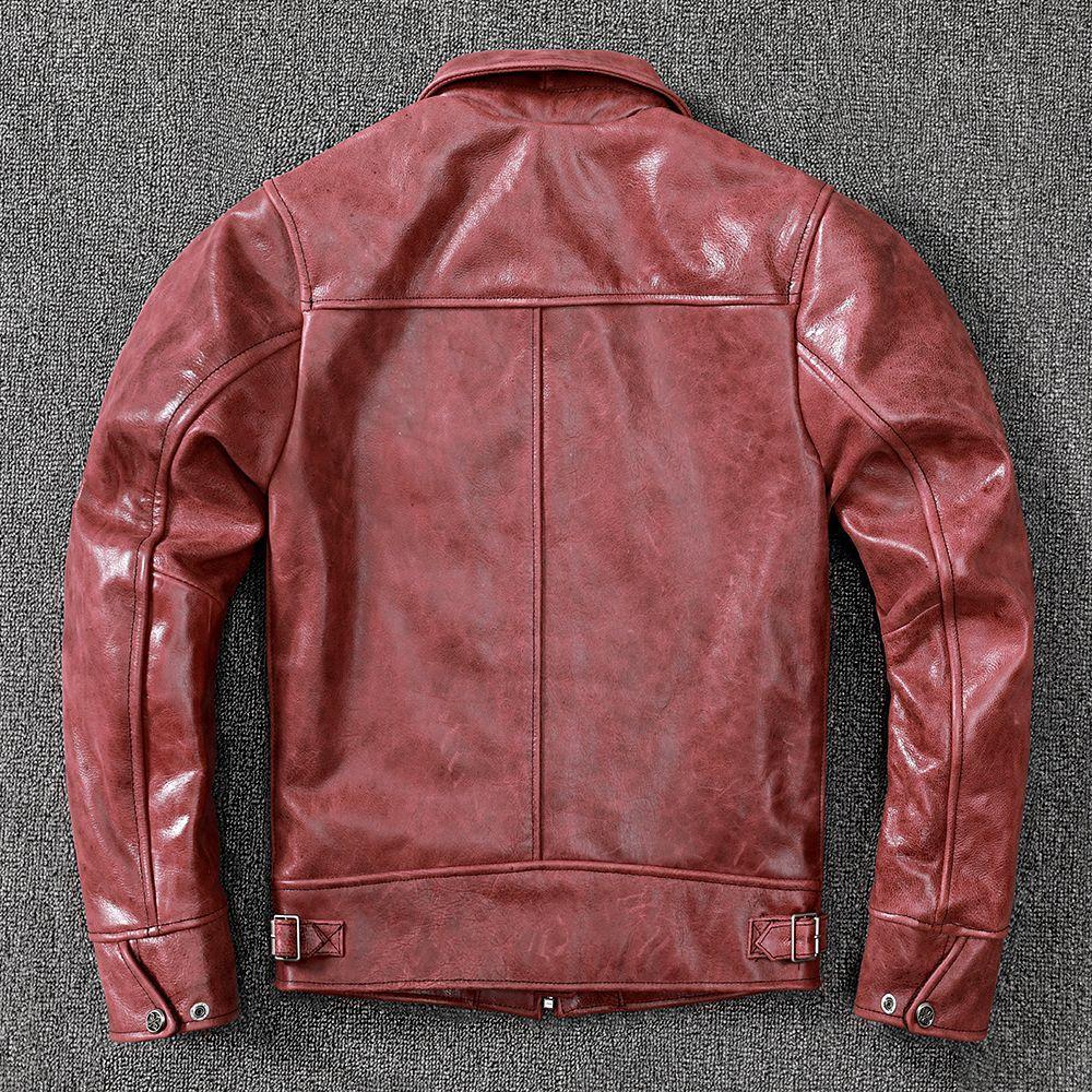 Retro Top Layer Cowhide Leather New Genuine Leather Jacket Men's Motorcycle Suit Lapel Burgundy Leather Jacket