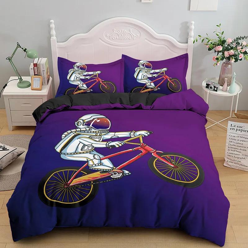 Astronaut King Queen Duvet Cover Space Cycling Bedding Set Cartoon Universe Comforter Cover Galaxy 2/3Pcs Polyester Quilt Cover