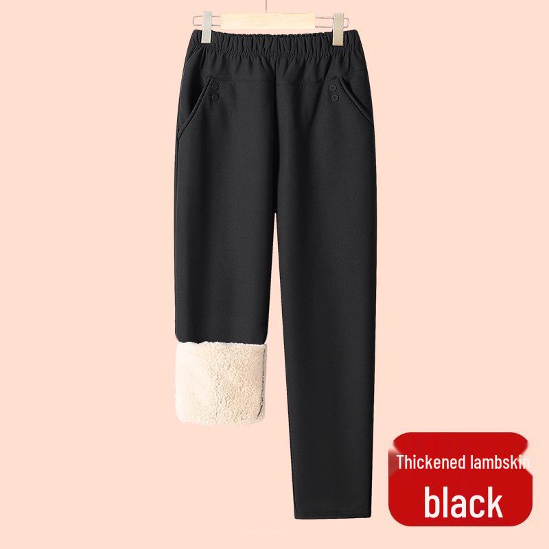 Fleece Pants for Middle-Aged & Elderly Women: Elastic Waist, High-Waisted, Straight-Leg, Loose Fit for Spring & Autumn Wear.